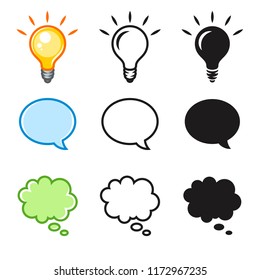 Set of vector icons illustrating ideas and communication in color, line, and fill