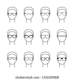 Set with vector icons illustrating men in sunglasses. Art сan be used as logo for glasses store.