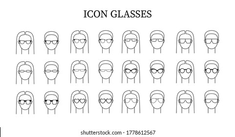 Set with vector icons illustrating people in glasses. Art сan be used as logo for glasses store.