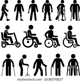 A set of vector icons illustrating various mobility aids, including canes, walkers, wheelchairs, scooters, and prosthetics, for people with different physical needs