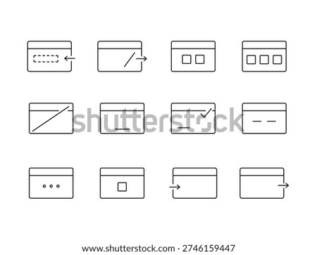 A set of vector icons illustrating various account states and access permissions using minimal card-style elements, including invitation, restriction, created in line style with editable stroke