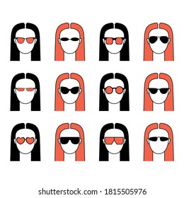 Set with vector icons illustrating women in sunglasses. Art сan be used as logo for glasses store.