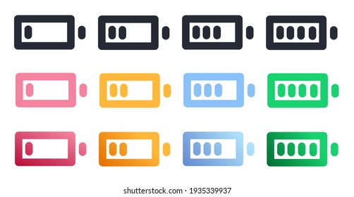 conjunto de iconos vectoriales ilustración 4 barras muestran la batería, el porcentaje de la batería, el indicador de la batería.  para la interfaz de usuario, power.  icono de línea de diseño plana ilustrando los pasos vectoriales 10.