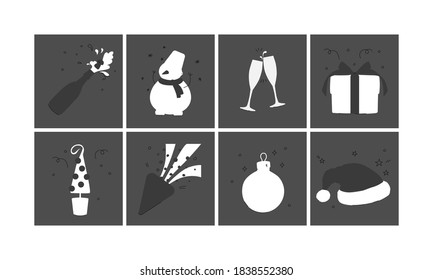 Set of vector icons or illustrations. Black and white monochrome images, new year and christmas concept. Snowman, glasses of champagne, gift, party, tree.