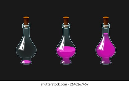 set of vector icons illustrations of bottles with potion. Colored drink in a glass vessel.