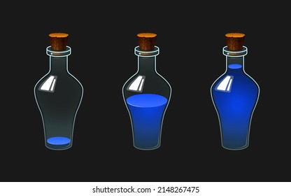 conjunto de iconos vectoriales ilustraciones de botellas con poción. Beber de color en un vaso de vidrio.