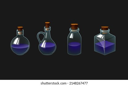 set of vector icons illustrations of bottles with potion. Colored drink in a glass vessel.