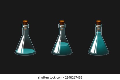 set of vector icons illustrations of bottles with potion. Colored drink in a glass vessel.