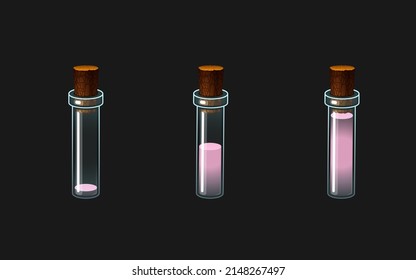 Satz von Vektorsymbolen Illustrationen von Flaschen mit Tränen. Farbiges Getränk in einem Glasgefäß.