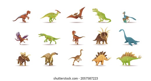 A set of vector icons of illustrations of dinosaur animals. Flat illustration of 15 types of Jurassic reptiles. Illustrations of a prehistoric lizard for children. Isolated on a white background