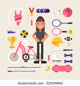 Set of Vector Icons and Illustrations in Flat Design Style. Female Cartoon Character Sportsman Surrounded by Sports Equipment