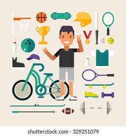 Set of Vector Icons and Illustrations in Flat Design Style. Male Cartoon Character Sportsman Surrounded by Sports Equipment