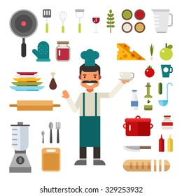 Set of Vector Icons and Illustrations in Flat Design Style. Profession Chef. Male Cartoon Character Surrounded by Kitchen Appliances and Food
