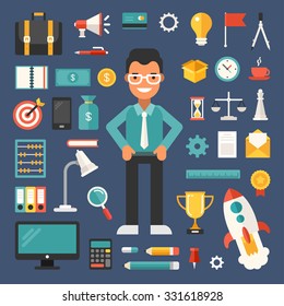 Set of Vector Icons and Illustrations in Flat Design Style. Male Cartoon Character Businessman Surrounded by Business Objects