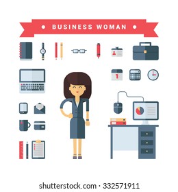 Set of Vector Icons and Illustrations in Flat Design Style. Female Cartoon Character Businesswoman Surrounded by Business Icons and Devices