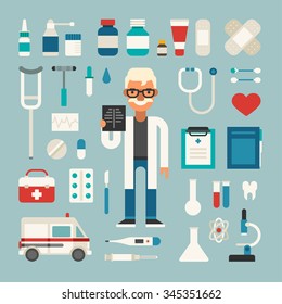 Set of Vector Icons and Illustrations in Flat Design Style. Profession Medicine Doctor. Male Cartoon Character Surrounded by Medical Appliances 