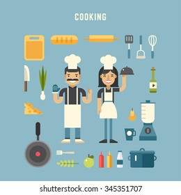 Set of Vector Icons and Illustrations in Flat Design Style. Cooking Concept. Male and Female Cartoon Character Chiefs Surrounded by Kitchen Appliances and Food
