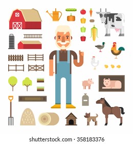 Set of Vector Icons and Illustrations in Flat Design Style. Profession Concept, Farmer. Male Cartoon Character Surrounded by Farms Elements and Farm Animals