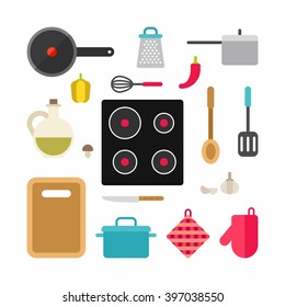 Set of Vector Icons and Illustrations in Flat Style. Kitchen Appliances and Food. Cooking Concept. Cooking Equipment