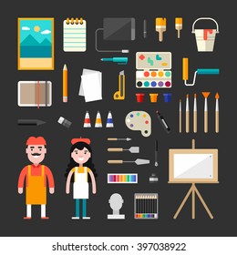 Set of Vector Icons and Illustrations in Flat Design Style. Male and Female Cartoon Characters Painter Surrounded by Painting Tools and Appliances. Painter Concept