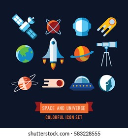 Set of Vector Icons and Illustrations in Flat Design Style. Planets, Rockets, Stars