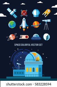 Set of Vector Icons and Illustrations in Flat Design Style. Planets, Rockets, Stars