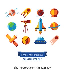 Set of Vector Icons and Illustrations in Flat Design Style. Planets, Rockets, Stars