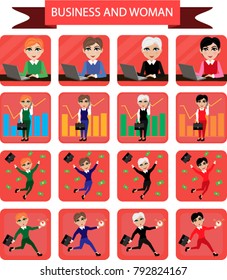 Set of vector icons with the image of a business woman