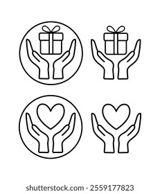 A set of vector icons, an image of a hand holding a gift and a heart. A set of icons in your hands. Hands holding a gift and a heart-shaped badge. Hands holding a gift and a heart in a flat and linear