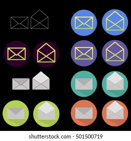 set of vector icons with the image of the open and closed letters. Email. Outline and flat style. It can be used in the design of websites, etc.
