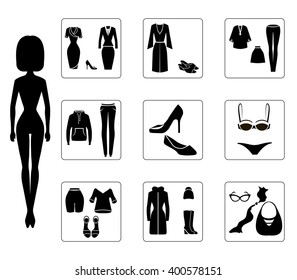 set of vector icons with the image of women's clothing for the online store