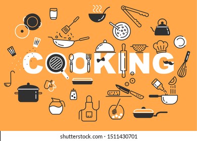 Set of vector icons. Images of kitchen utensils, cooking food, dishes.