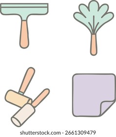 Conjunto de ícones vetoriais, incluindo um aperto, uma ferramenta de limpeza estilizada ou purificador de ar em forma de planta, e uma almofada quadrada, sugerindo limpeza de várias superfícies.