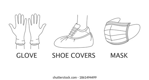 Set of vector icons with individual protection from coronavirus: latex gloves, medical mask and Shoe covers. Linear style isolated on a white background.