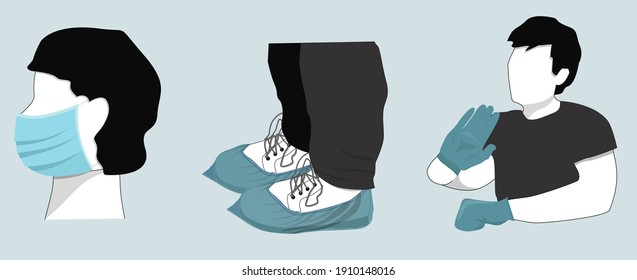 A set of vector icons with individual protection from bacteria and viruses : latex gloves, medical mask and shoe covers. Linear style, isolated on a white background.