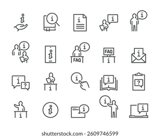 Set of vector icons "Information Support and Assistance" (linear style)- operator, book, "i" marker, reader, question clouds, FAQ, etc.