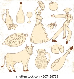 Set of vector icons inspired with Spain - flamenco dancers, olive oil, paella, bull, cheese. The set is created in scrapbooking style,there is a grunge texture on the icons. 