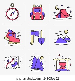 Set of vector icons into flat style. Equipment for outdoor activities, hiking and breaking camp, outdoor recreation. Isolated Objects in a Modern Style for Your Design.