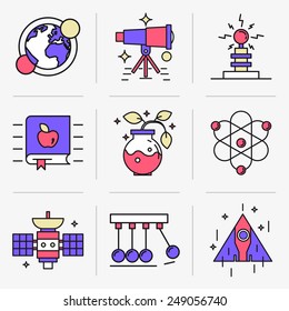 Set of vector icons into flat style. Scientific experiment, solar system, space flight, range of motion. Isolated Objects in a Modern Style for Your Design.