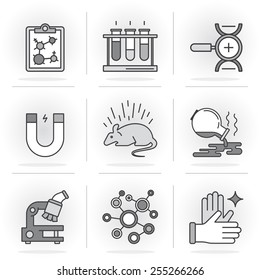 Set of vector icons into flat style. Scientific approach, animal studies, a failed experiment. Isolated Objects in a Modern Style for Your Design.