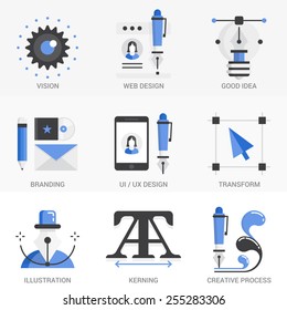 Set of vector icons into flat style. User interface, Branding and Identity, Mobile Application Development, Isolated Objects in a Modern Style for Your Design.