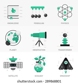 Set Of Vector Icons Into Flat Style. Scientific Experiment, Solar System, Space Flight, Range Of Motion. Isolated Objects In A Modern Style For Your Design.