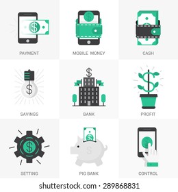 Set of vector icons into flat style. Mobile commerce, online payment, receipt of payments, banking, monetary transactions. Isolated Objects in a Modern Style for Your Design.