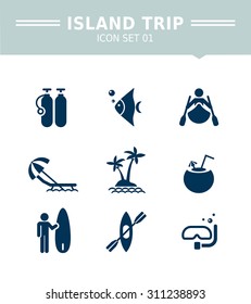 Set of vector icons with island trip, beach and scuba diving concepts, isolated on white