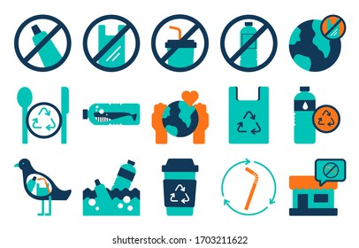 Set of vector icons, isolated on white background, on theme Recycling and recycling of plastic waste.