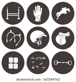 Set of vector icons with jumping horse equipment. High quality equestrian illustration, including jumping horse, spurs, helmet, scheme, snaffle, saddle and other horse gear. 