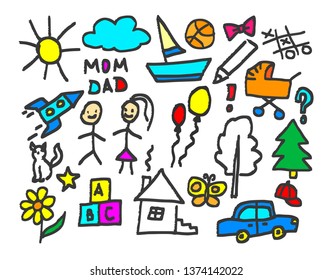 Set of vector icons for kids. Hand drawn elements and objects for children. Background for fabric, textile, design, advertising banner