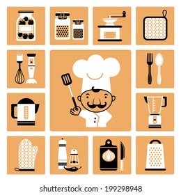 Set of vector icons of kitchen equipment, crockery and cook.