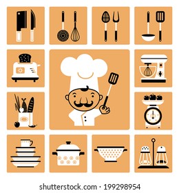 Set of vector icons of kitchen equipment, crockery and cook.