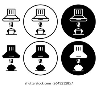 Set of vector icons of kitchen range hoods and cooking pots with steam, in black and white minimal style, perfect for appliance interfaces, cooking apps, or household infographics.